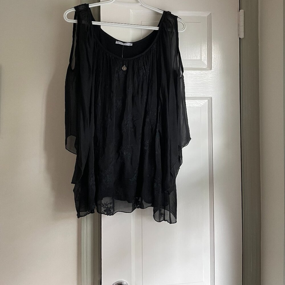 Women's Black Tempo Paris Seto Silk Bohemian Blouse--Open Shoulder Sleeves